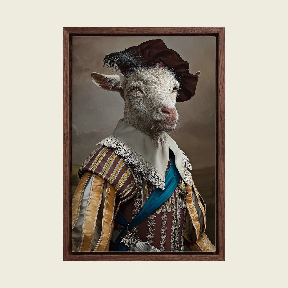 Aristocratic Goat canvas wall art in a floating walnut frame