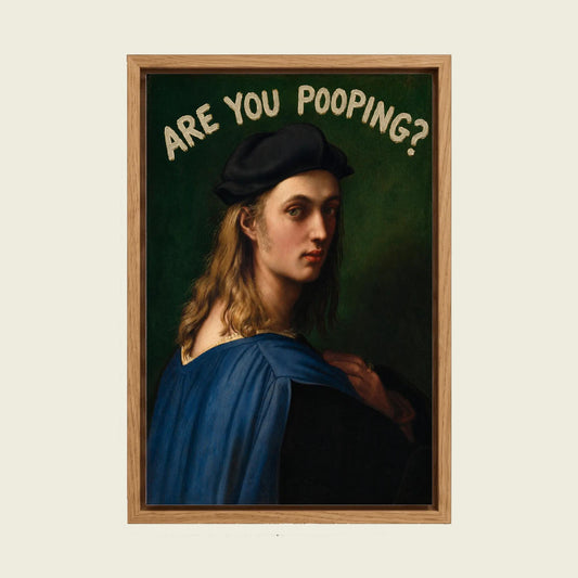 Are You Pooping? Raphael II canvas wall art in a floating oak frame