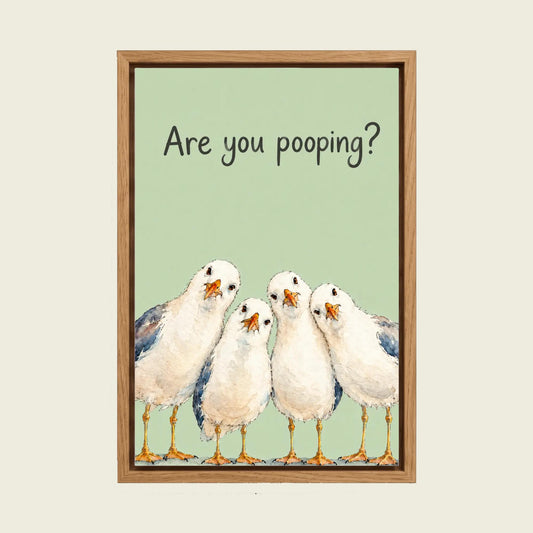 Are You Pooping? Seagull canvas wall art in a floating oak frame