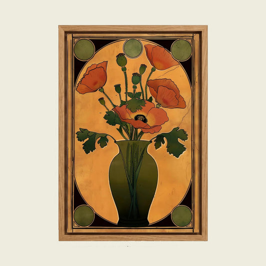 Art Nouveau Floral Vase canvas wall art in a floating oak frame