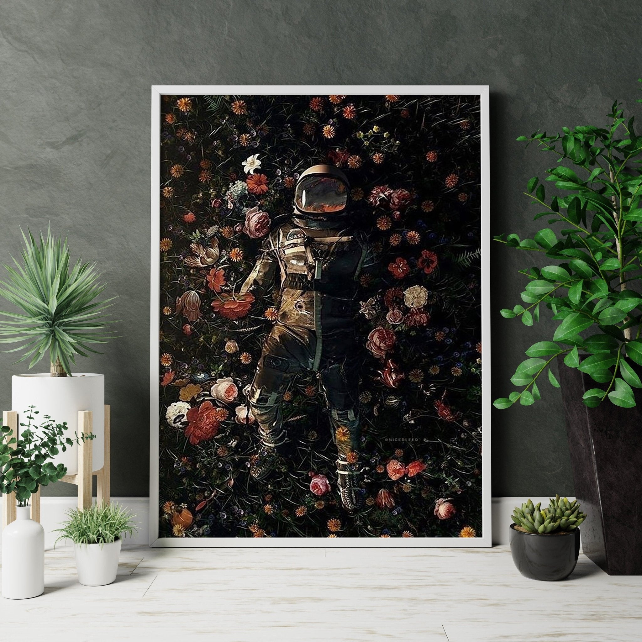 Astronaut In Flowers Love in Space Canvas Wall Art - Canvasworkshop