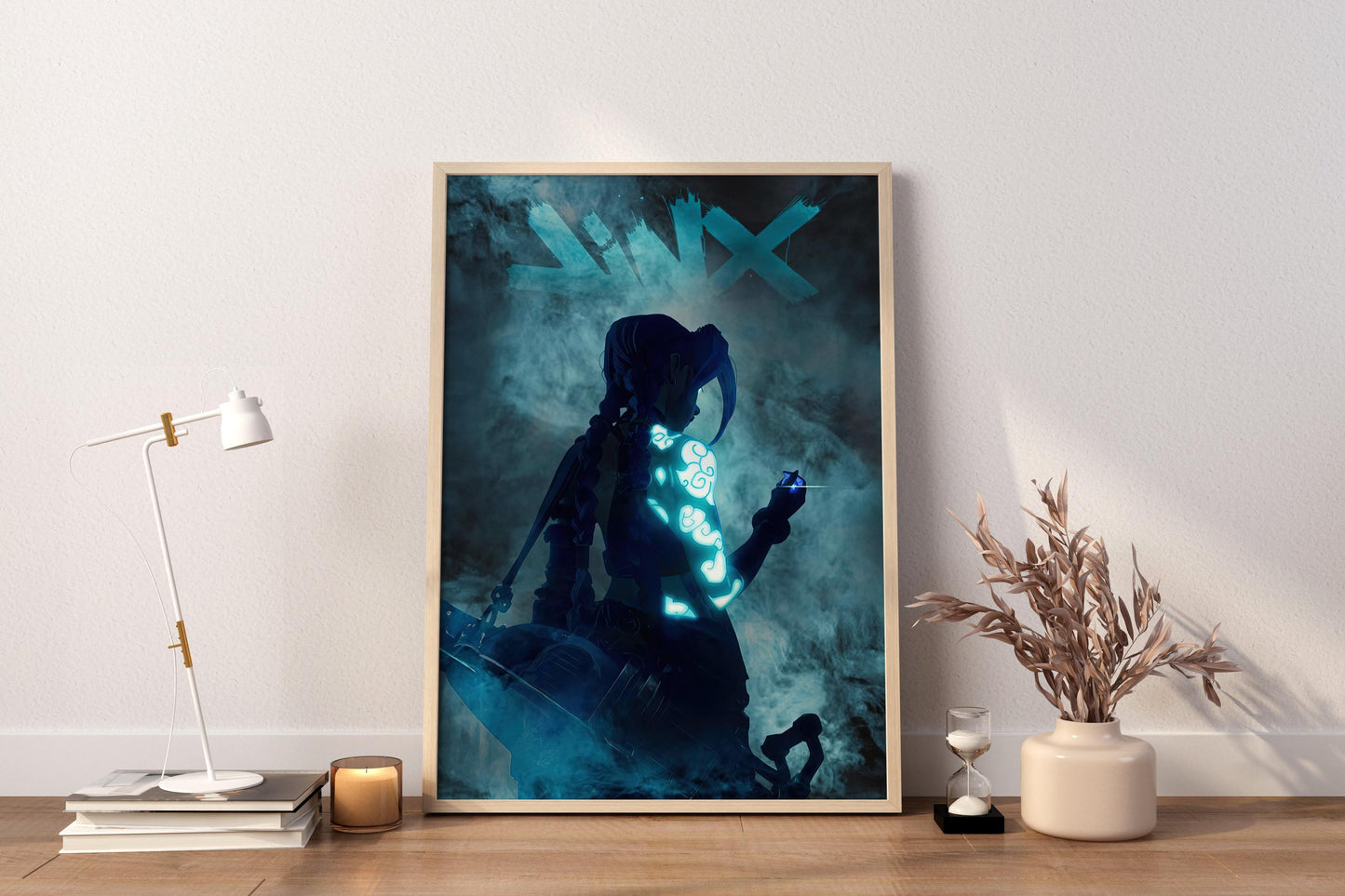 Neonblaue Punk-Girl in Rauch Poster | Cyber Tattoo Fantasy Wandkunst | Jinx Poster Kunst