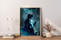 Neonblaue Punk-Girl in Rauch Poster | Cyber Tattoo Fantasy Wandkunst | Jinx Poster Kunst