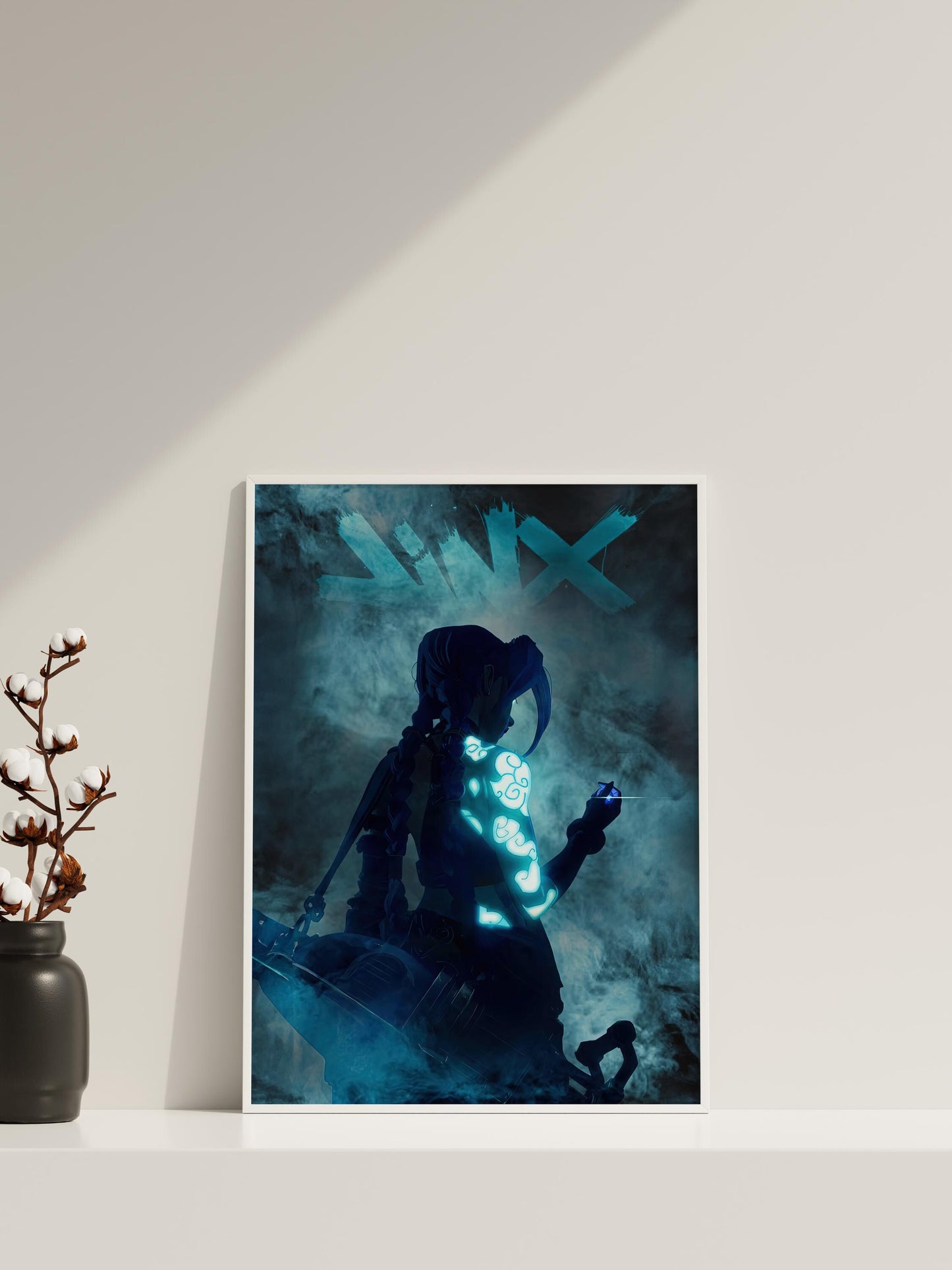 Neonblaue Punk-Girl in Rauch Poster | Cyber Tattoo Fantasy Wandkunst | Jinx Poster Kunst