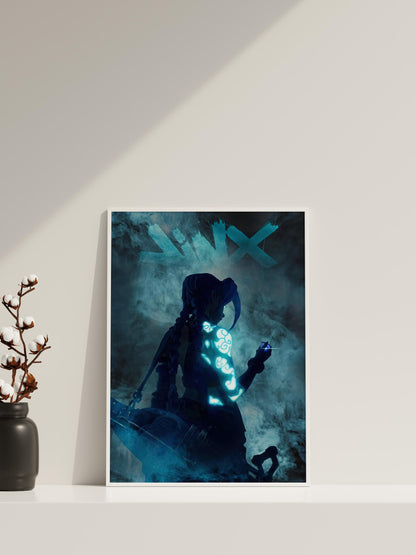 Neonblaue Punk-Girl in Rauch Poster | Cyber Tattoo Fantasy Wandkunst | Jinx Poster Kunst