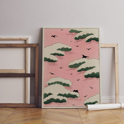 Pink sky illustration Canvas Wall Art, Japanese Wall Art, Clouds Poster, Pink Cool Poster, Gift For Her
