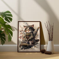 Samurai Katze Leinwand-Wandkunst, Süßes Samurai Katze Poster, Modernes Kunst-Poster, Gerahmte Leinwand, Japanische Kunst Leinwand-Wandkunst, Japanisches Kunst-Poster