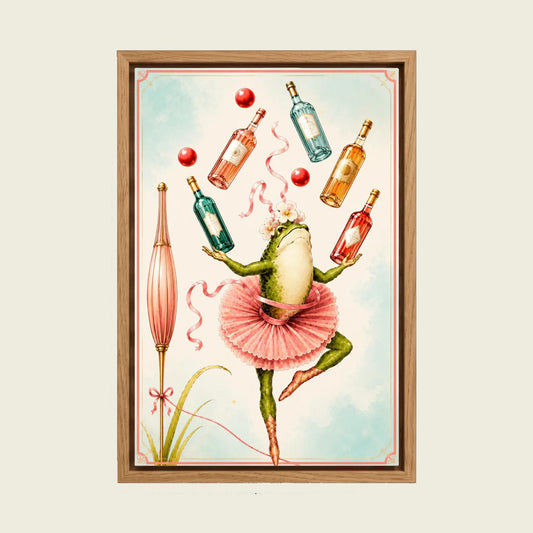 Ballerina Frog canvas wall art in a floating oak frame