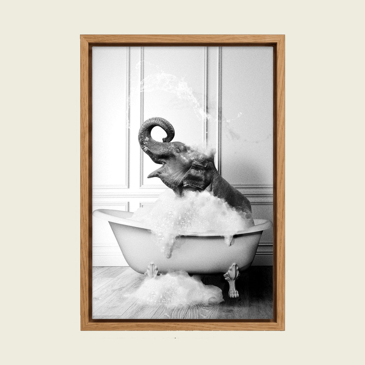 Elephant in the Bathtub canvas wall art in a floating oak frame