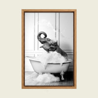 Elephant in the Bathtub canvas wall art in a floating oak frame