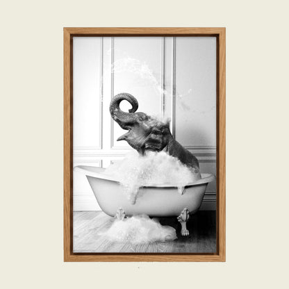 Elephant in the Bathtub canvas wall art in a floating oak frame