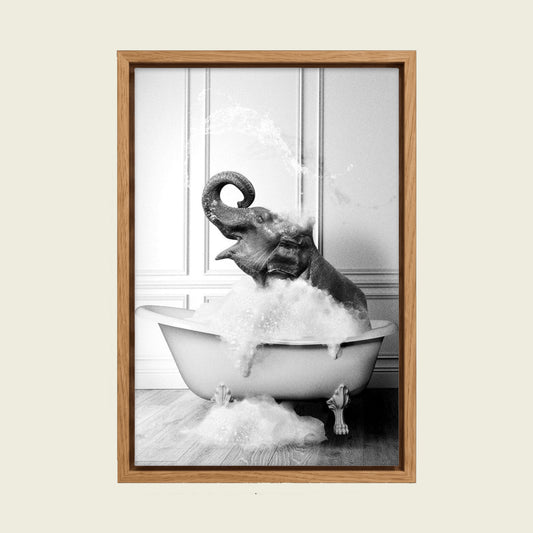 Elephant in the Bathtub canvas wall art in a floating oak frame