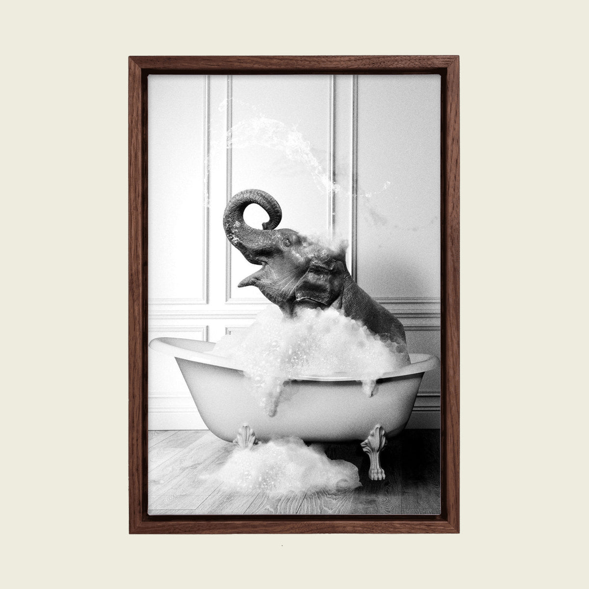 Elephant in the Bathtub canvas wall art in a floating walnut frame
