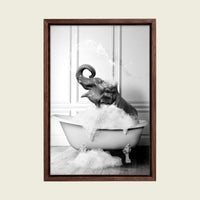 Elephant in the Bathtub canvas wall art in a floating walnut frame