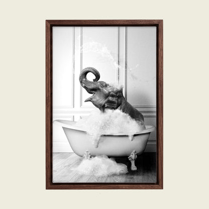 Elephant in the Bathtub canvas wall art in a floating walnut frame