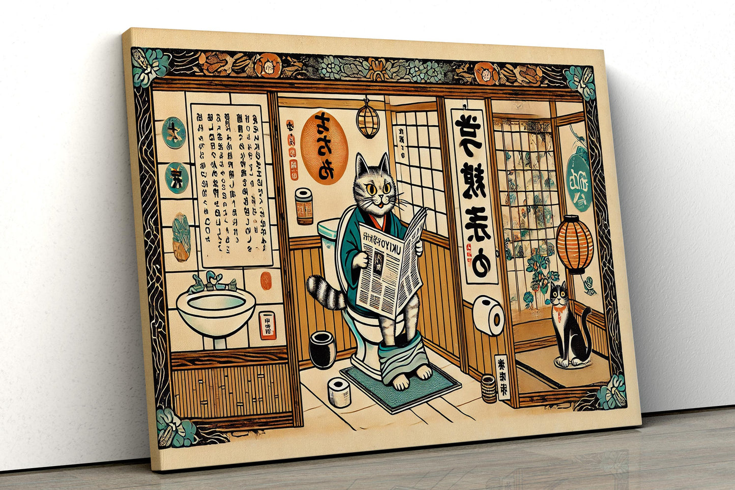 Lustiges Ukiyo-e Katzen-Badezimmer-Poster – Amerikanisches Tier-Design