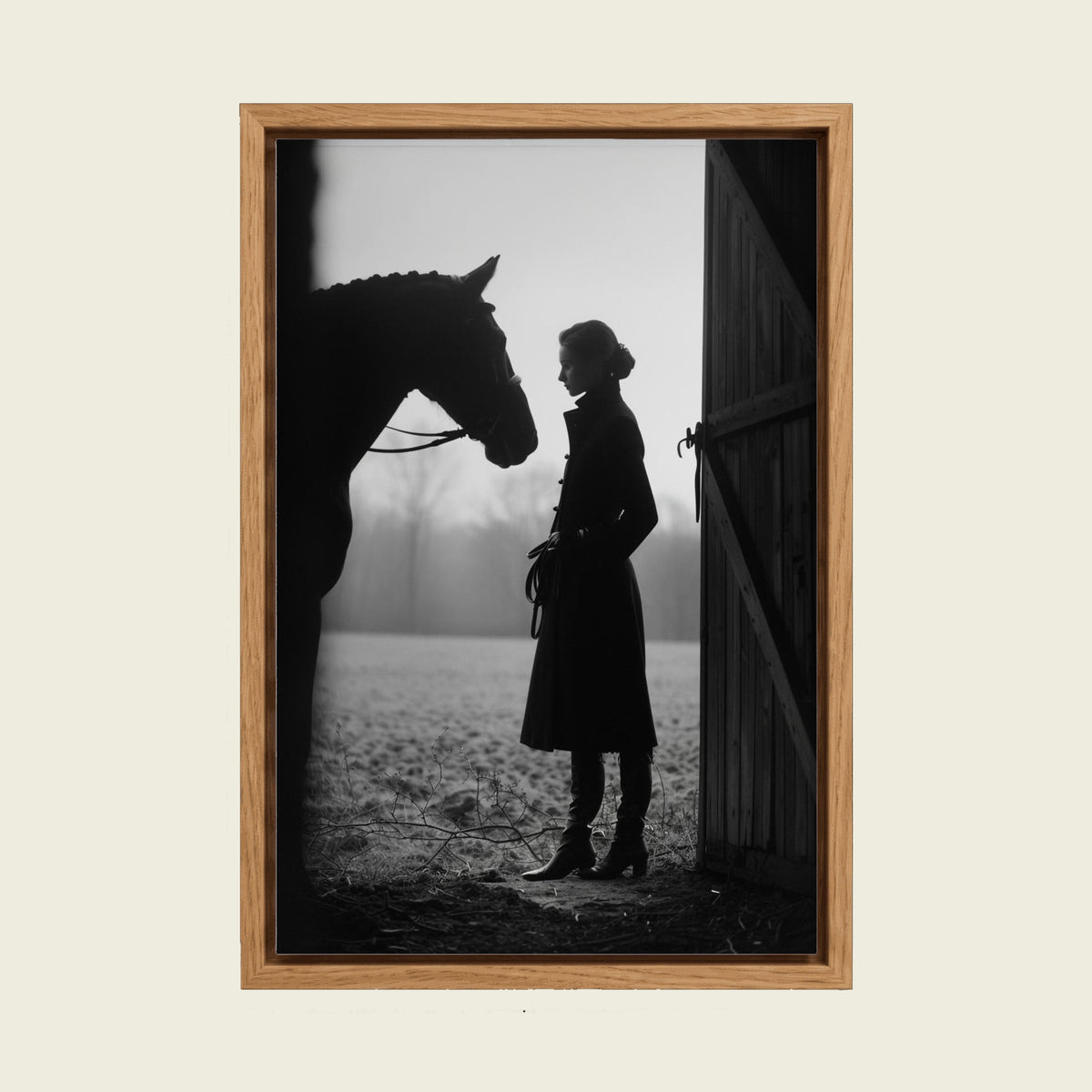 Equestrian Woman with Horse canvas wall art in a floating oak frame