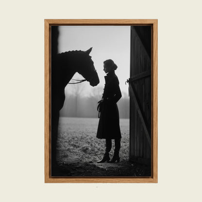 Equestrian Woman with Horse canvas wall art in a floating oak frame