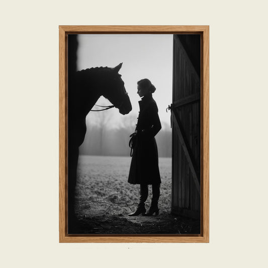 Equestrian Woman with Horse canvas wall art in a floating oak frame