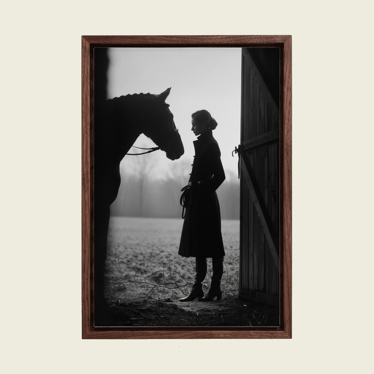 Equestrian Woman with Horse canvas wall art in a floating walnut frame