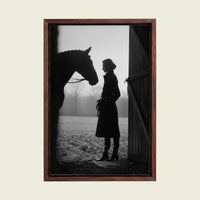 Equestrian Woman with Horse canvas wall art in a floating walnut frame