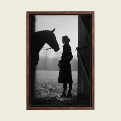Equestrian Woman with Horse canvas wall art in a floating walnut frame