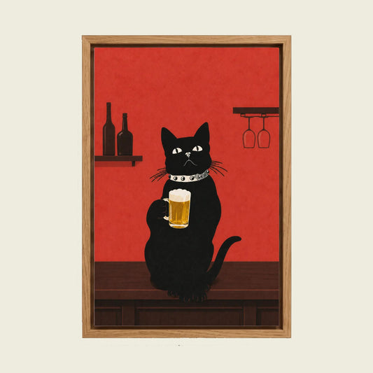 Black Cat Beer canvas wall art in a floating oak frame