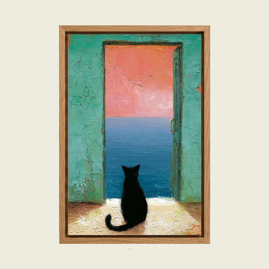 Black Cat by the Mediterranean Sea canvas wall art in a floating oak frame