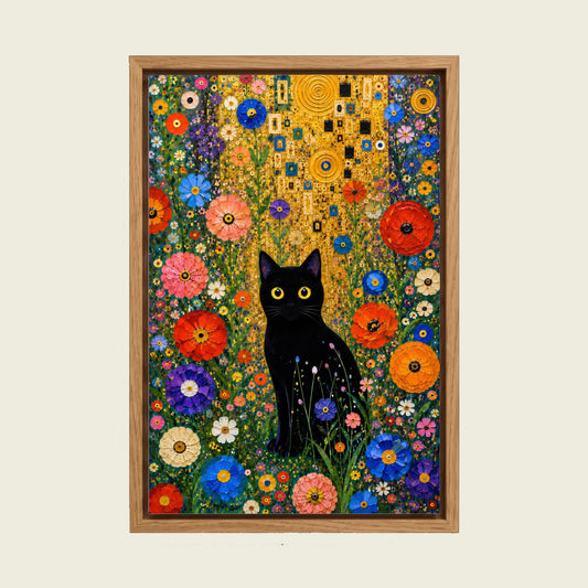 Black Cat in a Wildflower Garden canvas wall art in a floating oak frame
