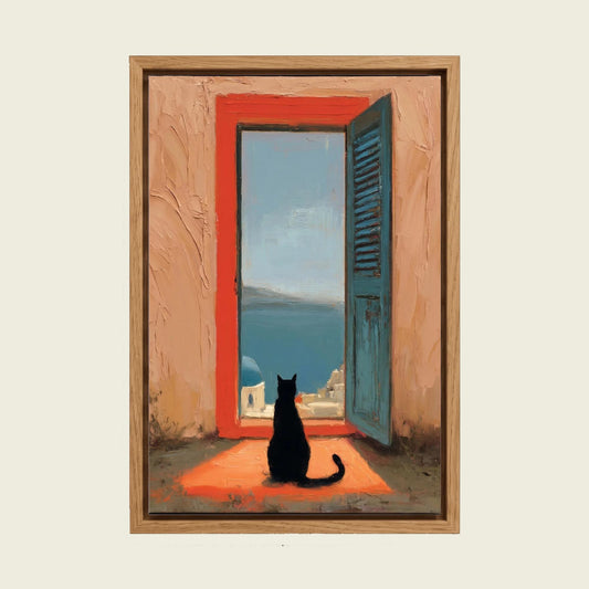 Black Cat in Santorini canvas wall art in a floating oak frame