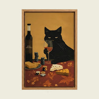 Black Cat with Wine and Cheese canvas wall art in a floating oak frame