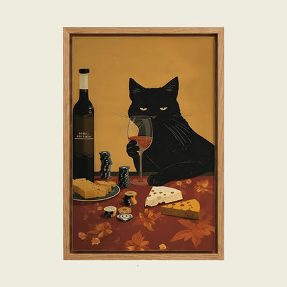 Black Cat with Wine and Cheese canvas wall art in a floating oak frame