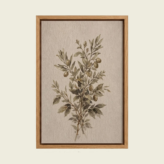 Olive Branch canvas wall art in a floating oak frame
