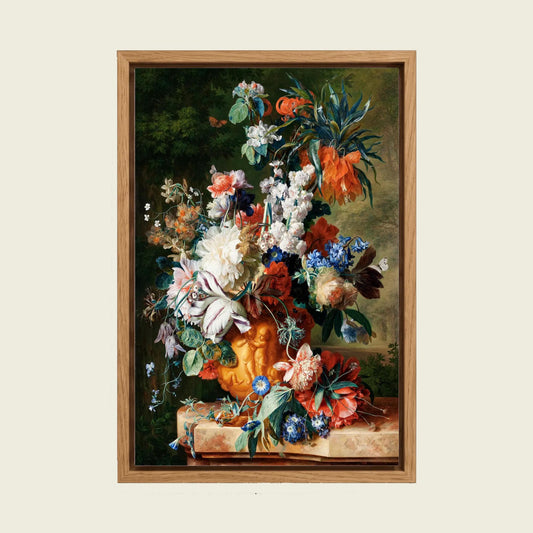 Bouquet of Flowers in an Urn by Jan van Huysum canvas wall art in a floating oak frame