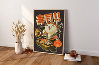 Sushi Katze Leinwand Wandkunst, Moderne Kunst Poster, Gerahmte Leinwand, Japanische Kunst Leinwand Wandkunst, Japanische Kunst Poster, Japanisches Süßes Katzen Poster