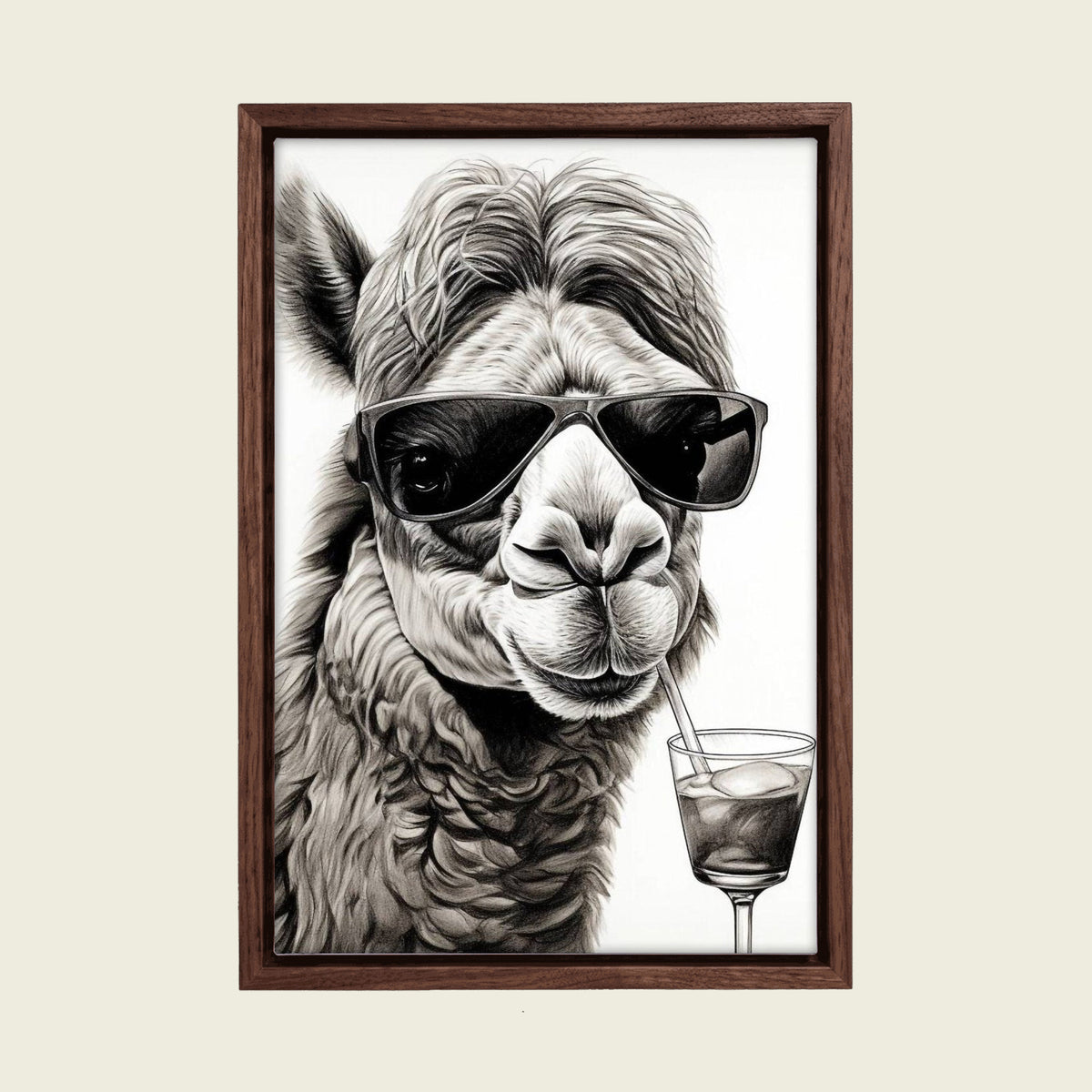 Cool Llama with Cocktail canvas wall art in a floating walnut frame