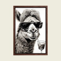 Cool Llama with Cocktail canvas wall art in a floating walnut frame