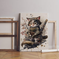 Samurai Katze Leinwand-Wandkunst, Süßes Samurai Katze Poster, Modernes Kunst-Poster, Gerahmte Leinwand, Japanische Kunst Leinwand-Wandkunst, Japanisches Kunst-Poster