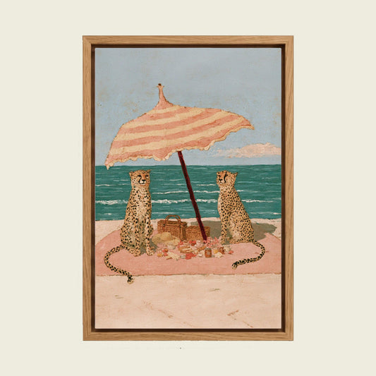 Cheetah Beach Picnic canvas wall art in a floating oak frame