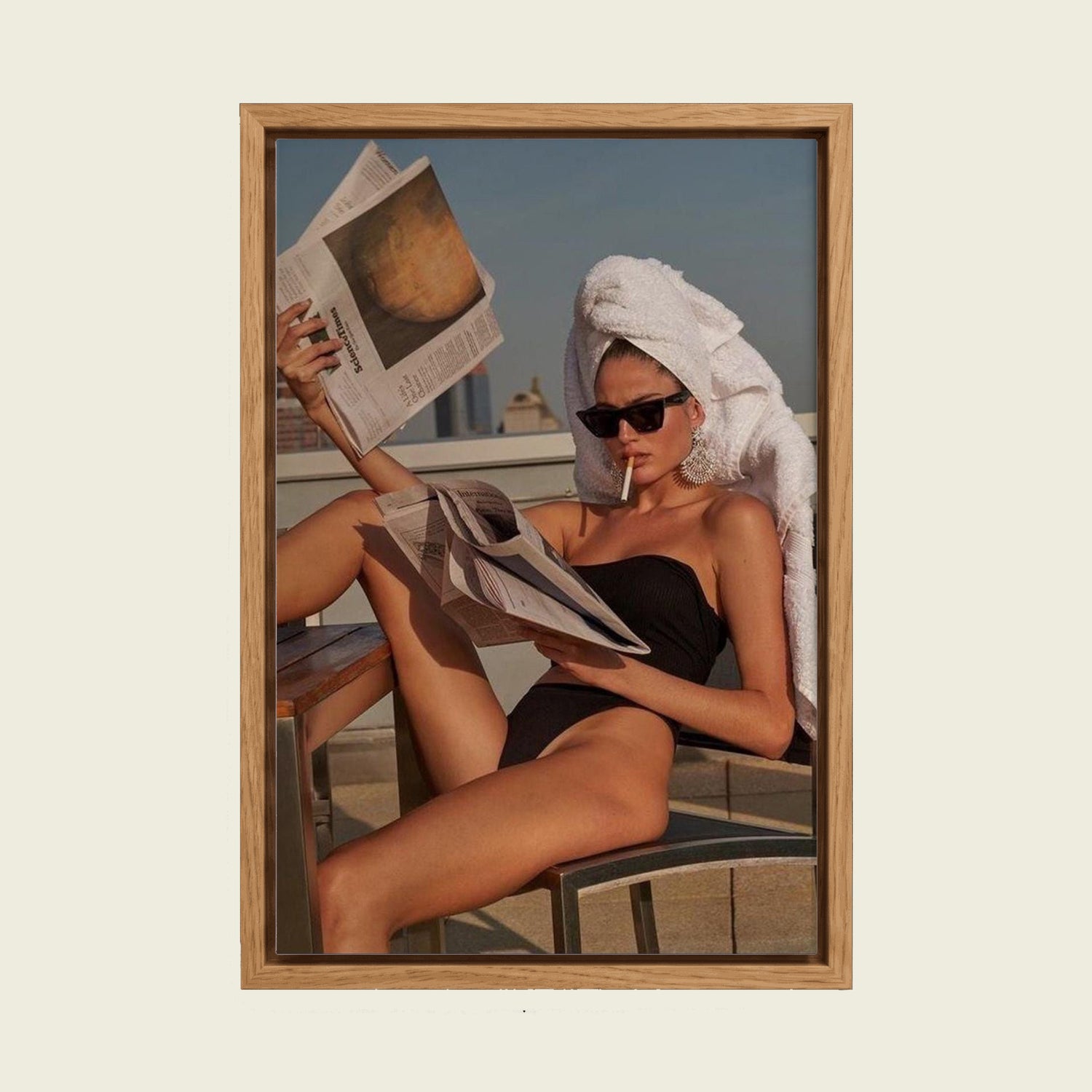 Feed Floating Oak Chic Rooftop Woman Reading Newspaper Canvas Wall Art