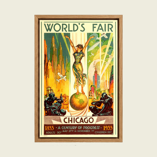 Chicago World's Fair 1933 canvas wall art in a floating oak frame