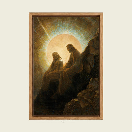 Christ Consoling the Mourning Woman canvas wall art in a floating oak frame