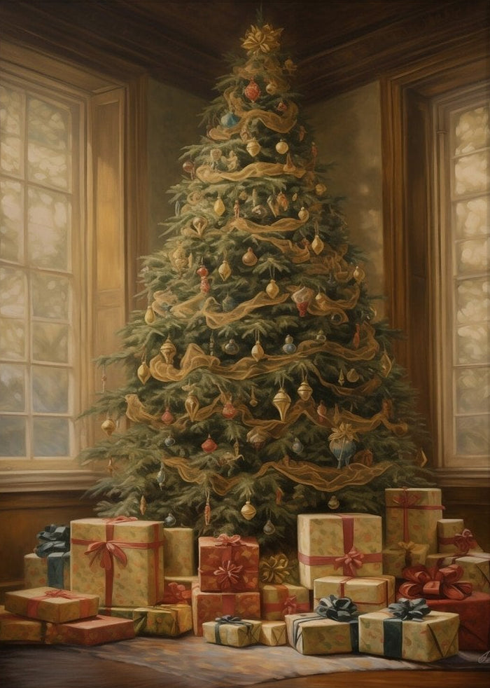 Vintage Christmas Tree with Gifts Canvas Wall Art