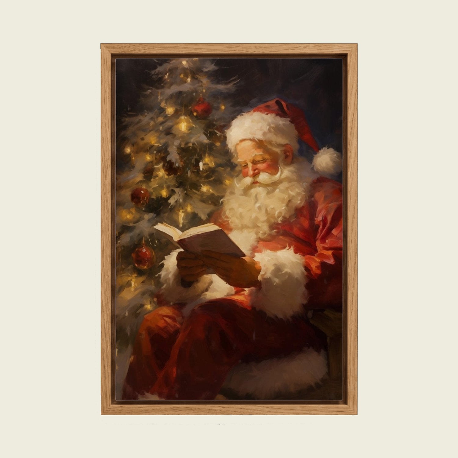 Feed Floating Oak Santa Reading by Christmas Tree Canvas Wall Art