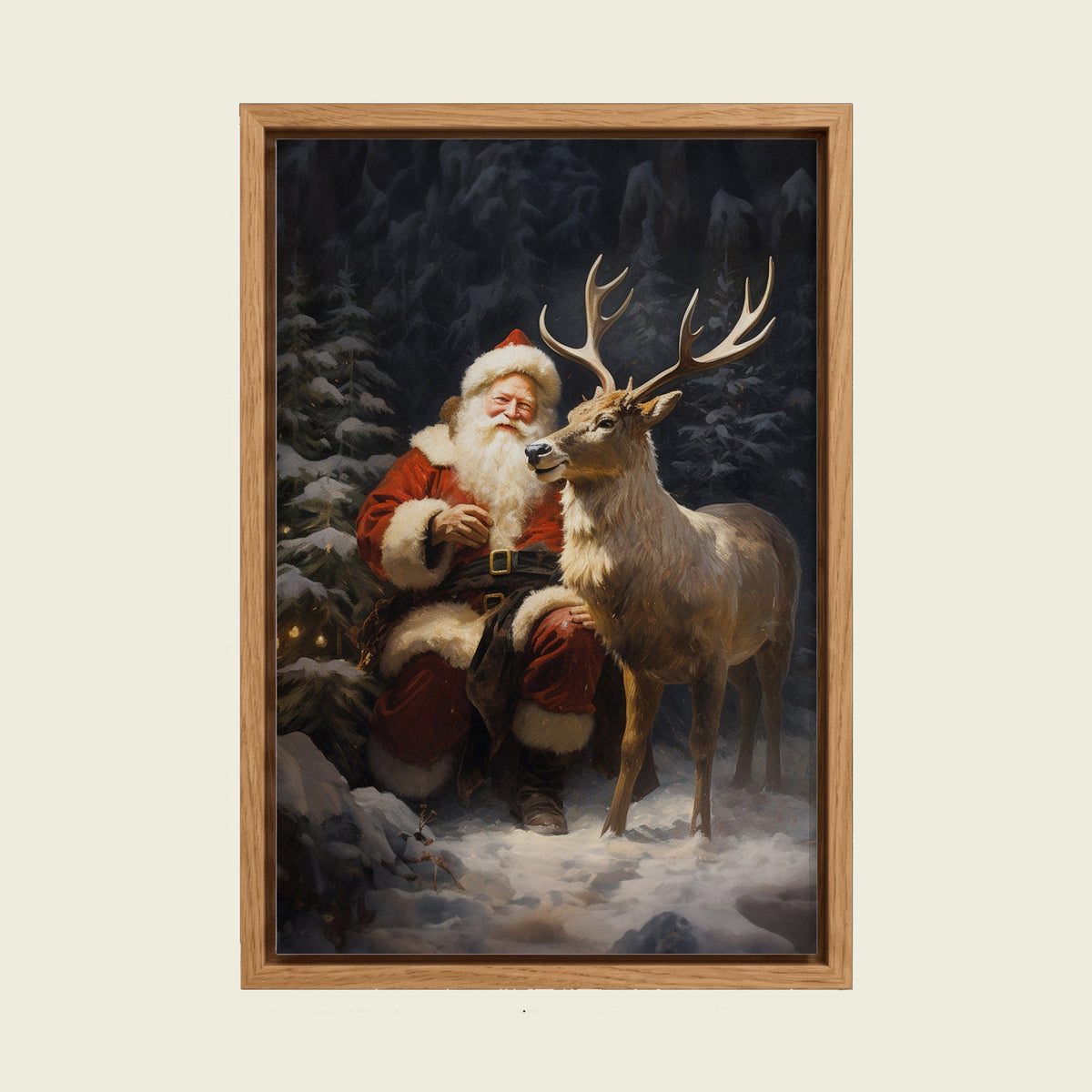 Feed Floating Oak Santa Claus With Elk Canvas Wall Art