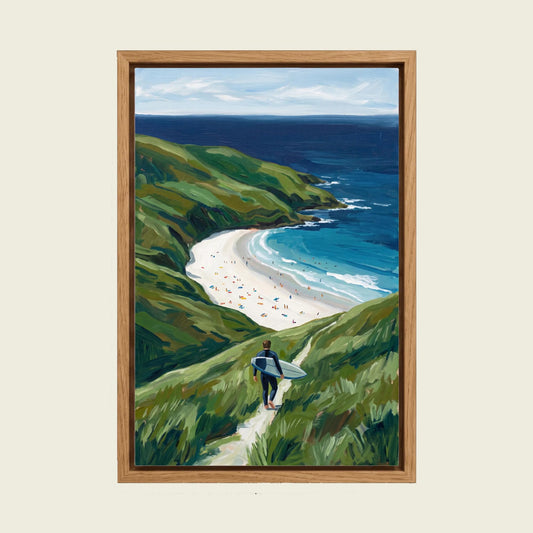 Coastal Surfer canvas wall art in a floating oak frame