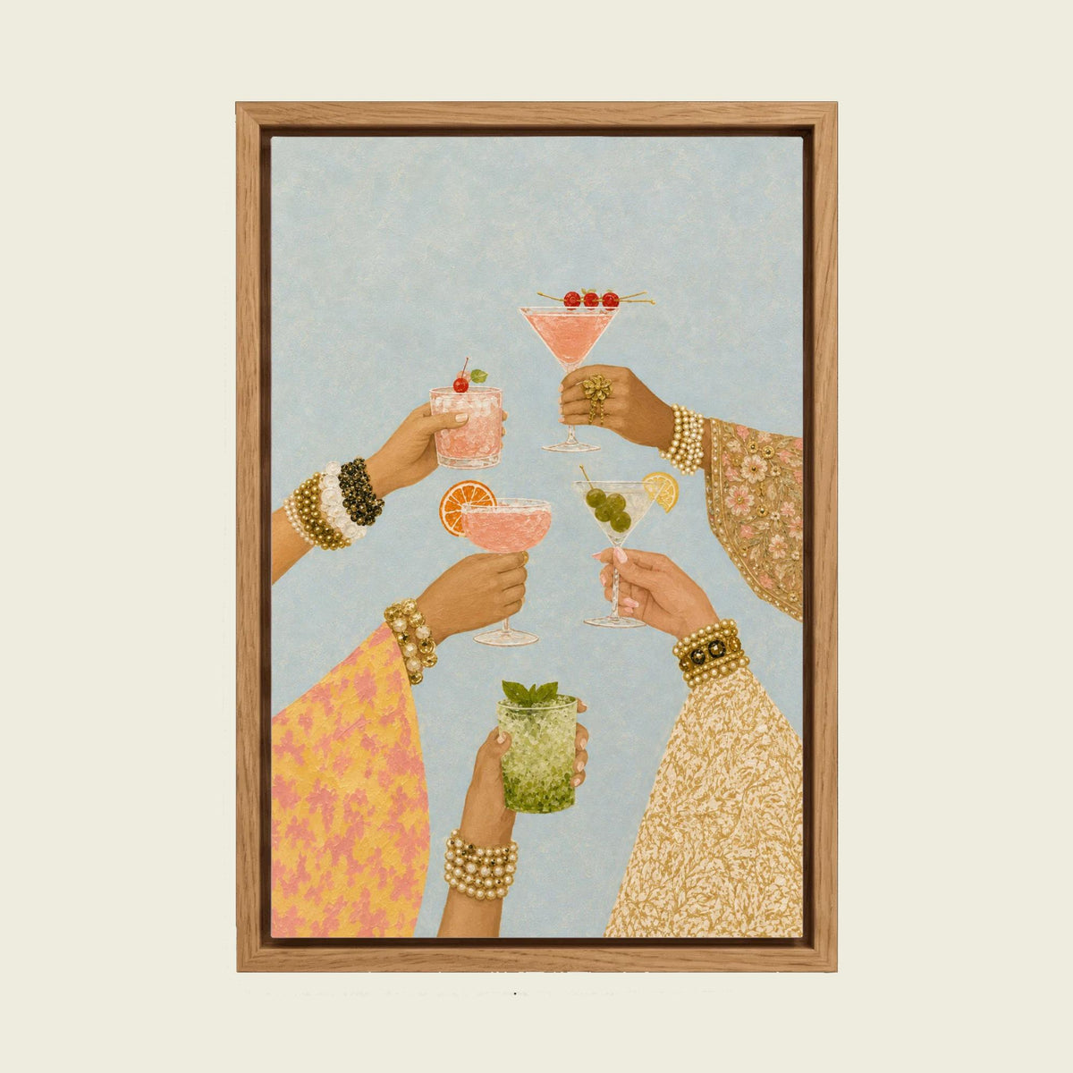 Feed Floating Oak Cocktail Party Wall Art, Colorful Cheers Print, Girls Night Bar Decor