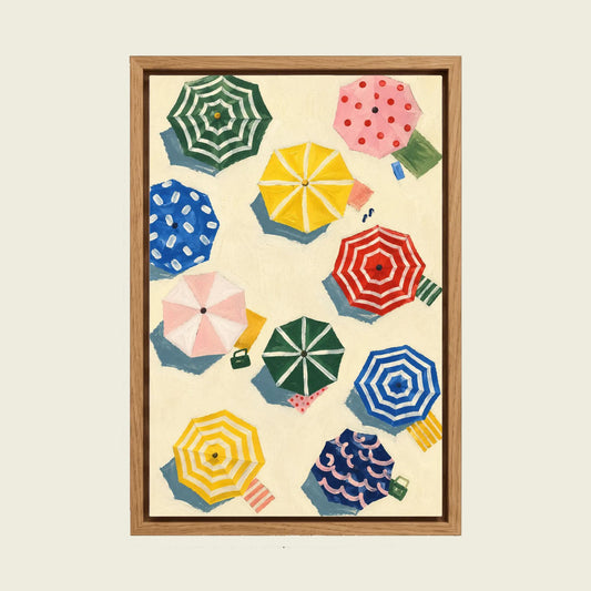 Colorful Beach Umbrellas canvas wall art in a floating oak frame
