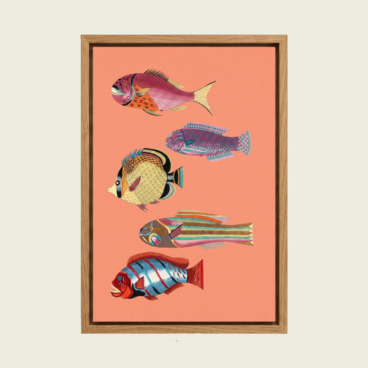 Colorful Fish canvas wall art in a floating oak frame