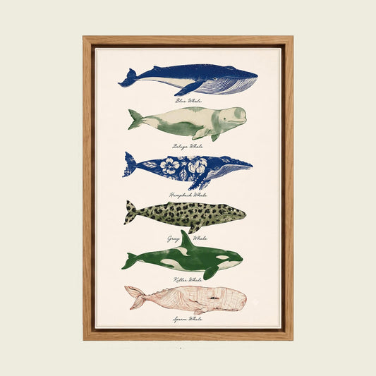 Colorful Whale canvas wall art in a floating oak frame